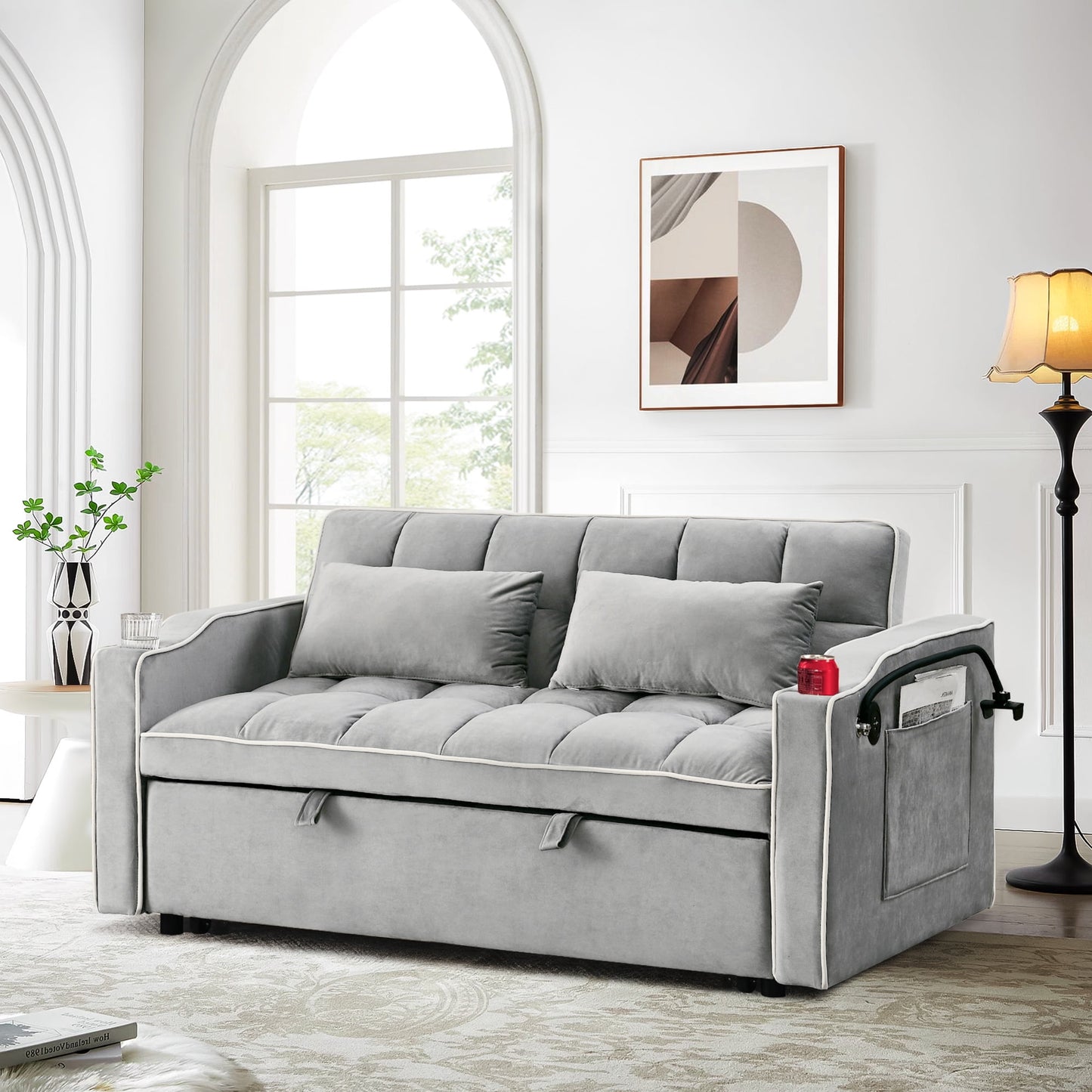 Muumblus 3-in-1 Convertible Futon Sofa Bed, Loveseat Sleeper with Phone Stand, USB, Gray Velvet