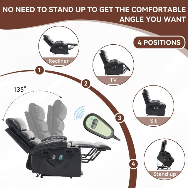 Muumblus Power Lift Recliner Chair, Lift Chair For Elderly, Power Recliner with Massage and Heat, Faux Leather Recliner Chair with Cup Holders, Power Lift Recliner for Living Room, Black