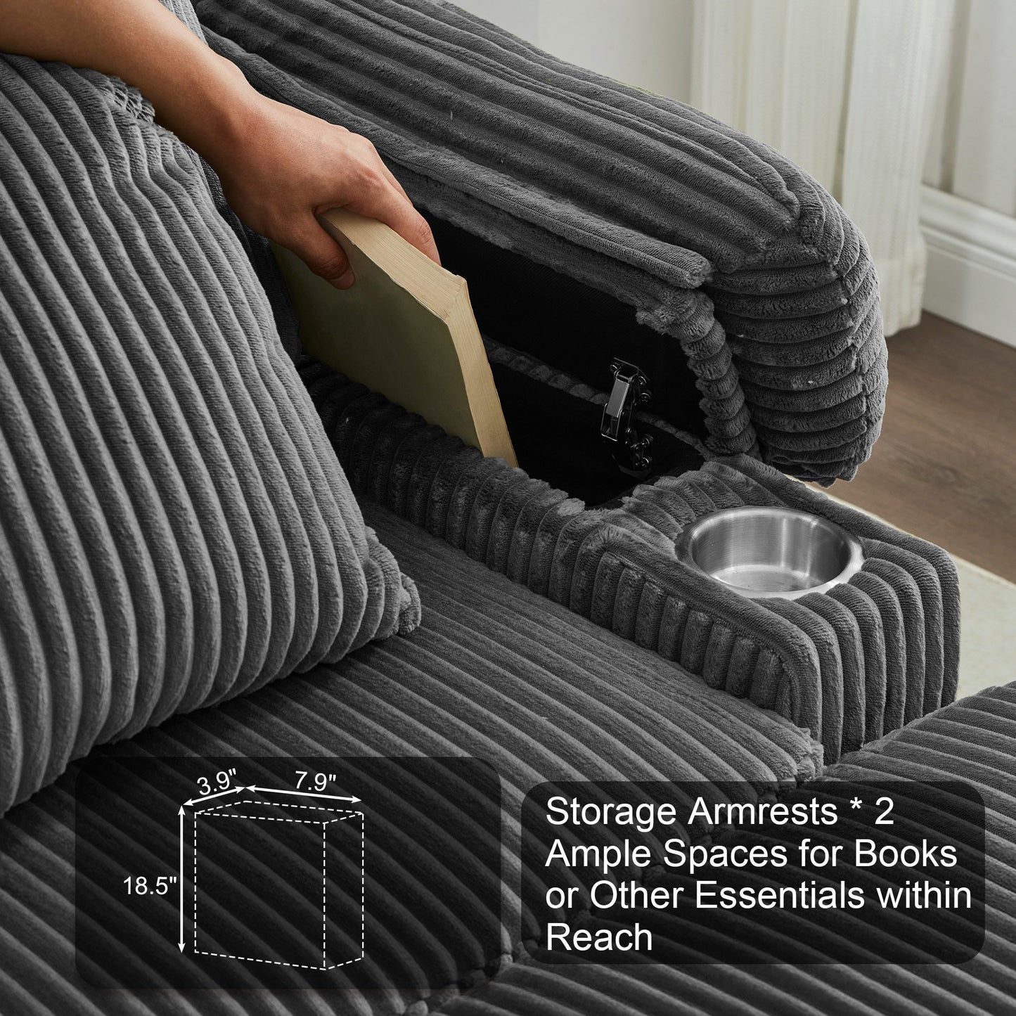 Muumblus Living Room Chair with Ottoman, 7-Speed Adjustable Backrest, USB & Storage Arms, Cozy Indoor Corduroy Lounge Armchair