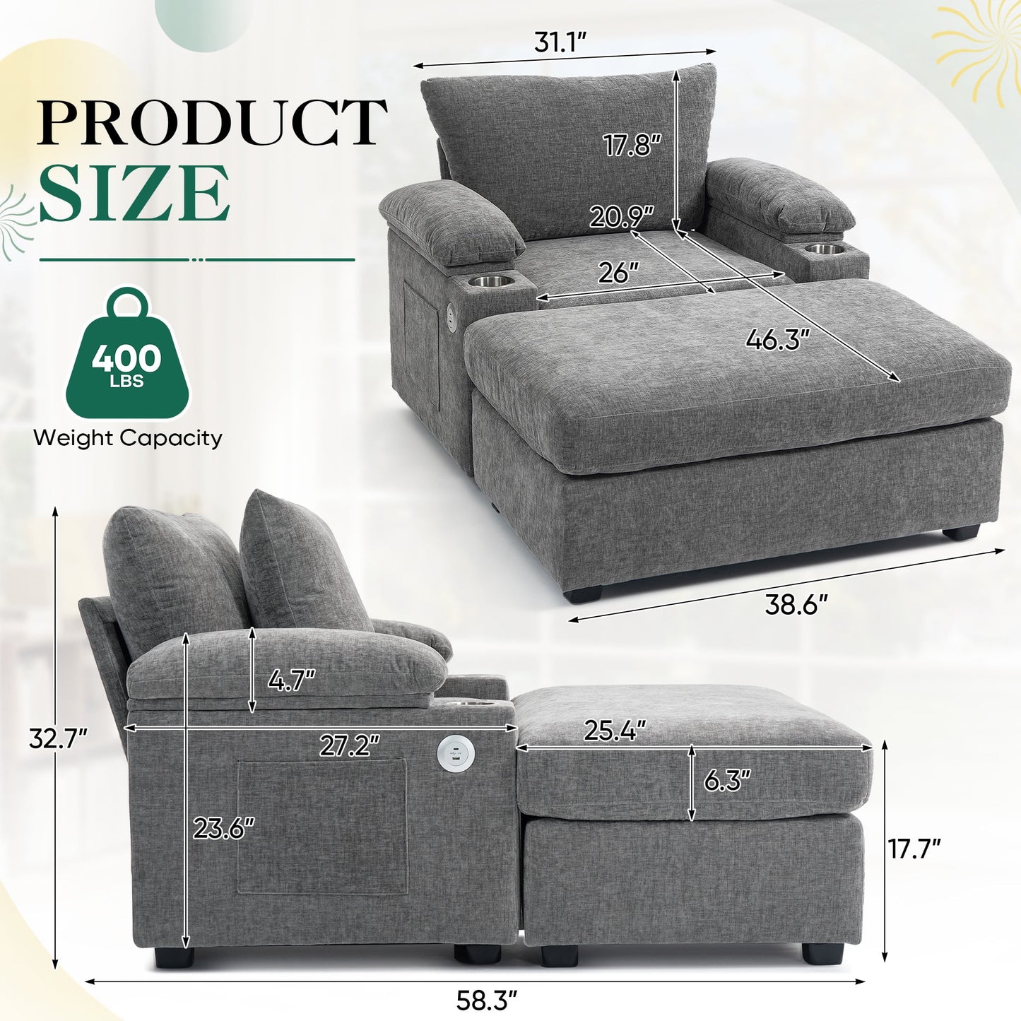 Muumblus Accent Chair with USB & Storage Arms, Cozy Indoor Lounge Chair with Ottoman