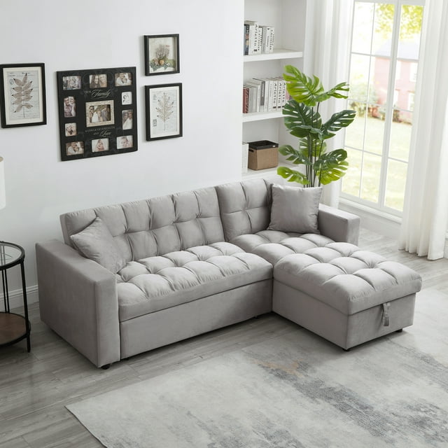 Muumblus 84" Convertible Sleeper Sofa Bed with Storage Chaise, L-Shaped Sectional Sofa, Queen Size Pull Out Sofa Bed in Gray Velvet