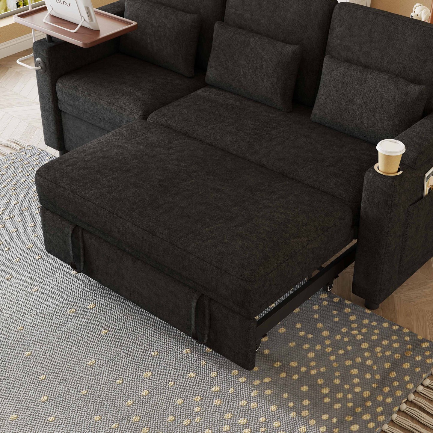 Muumblus 3-in-1 Convertible Sectional Sleeper Sofa with Recliner, Side Table & USB, 3-Seater Pull Out Couch Bed for Living Room, Black Chenille