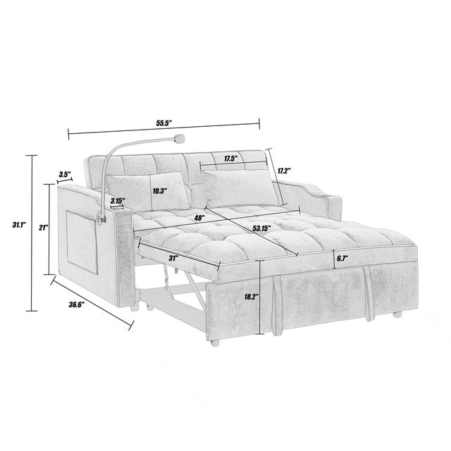 Muumblus Pull Out Sofa Bed with Swivel Phone Stand, USB Port, 3-in-1 Convertible Futon Sofa Bed, Loveseat Sleeper for Living Room/Apratment, Gray Velvet