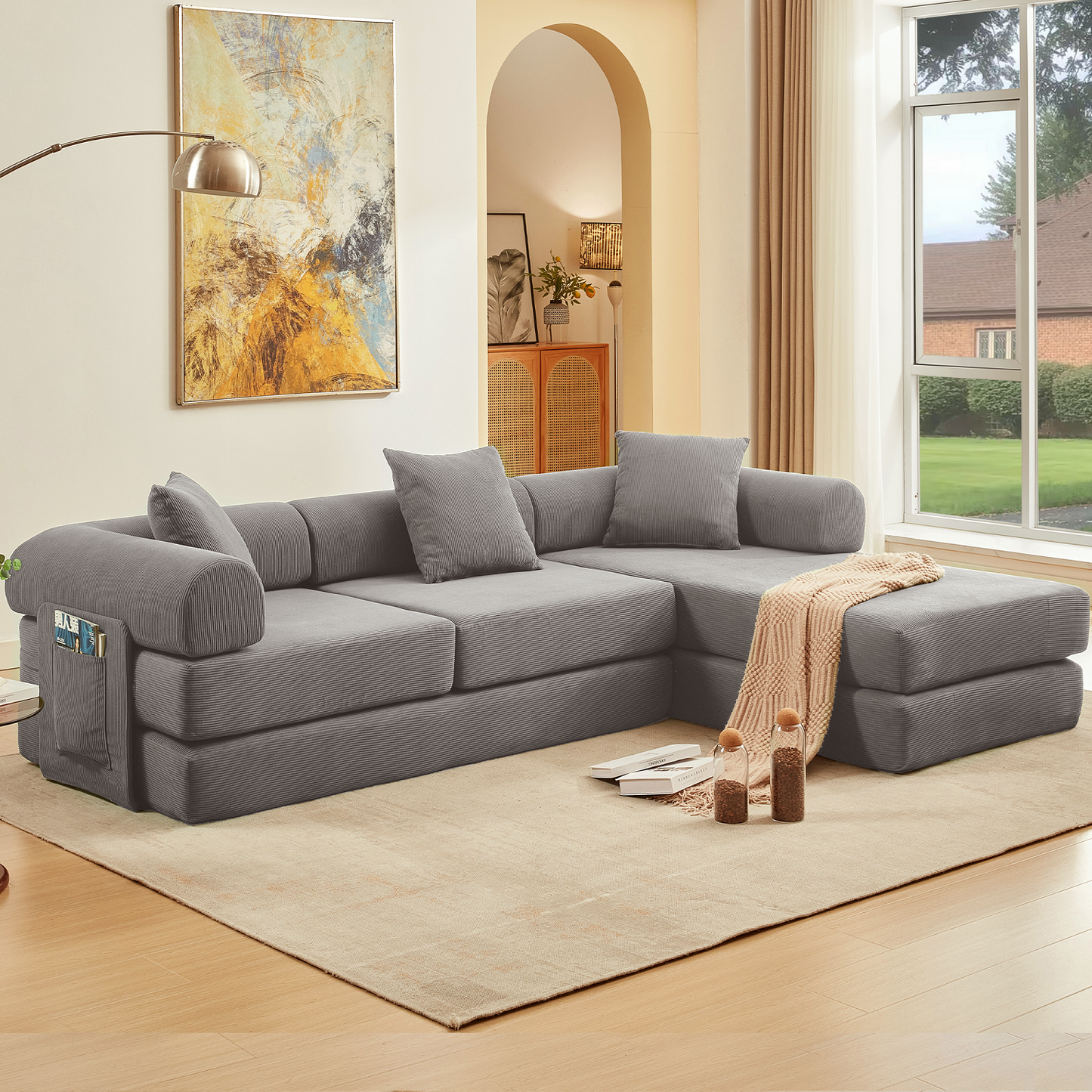 Muumblus L-Shape Convertible Floor Sofa Bed, Comfy Foldable Modular Sleeper Sectional Couch for Living Room, Bedroom