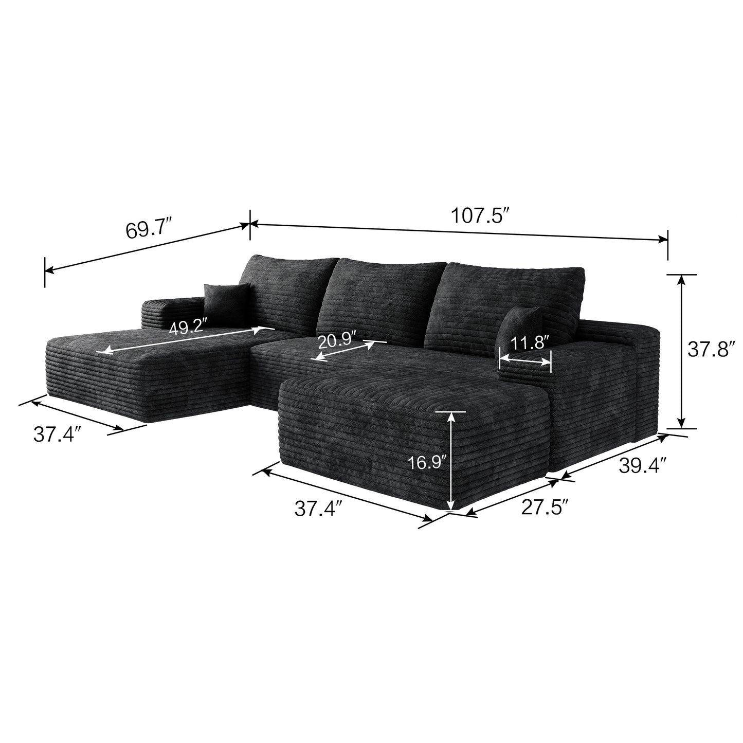 Muumblus 107" Cloud Sectional Sofa with Left Chaise, Cozy U-Shaped Modular Sofa with Ottoman, Plush Corduroy Sleeper Bed Couch, No Assembly Required, Black