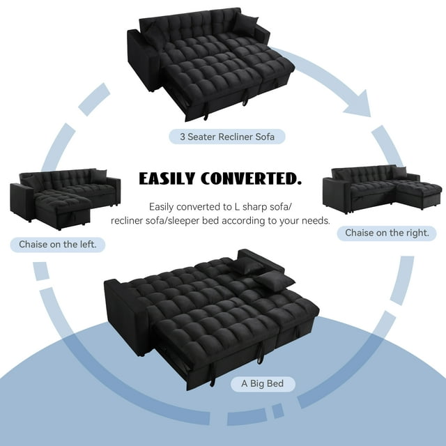 Muumblus 84" Convertible Sofa Bed, Pull Out Sofa Bed, Modern Tufted Sectional Sleeper Sofa with Storage Chaise, L Shaped Sofa Couch for Living Room, Black Velvet