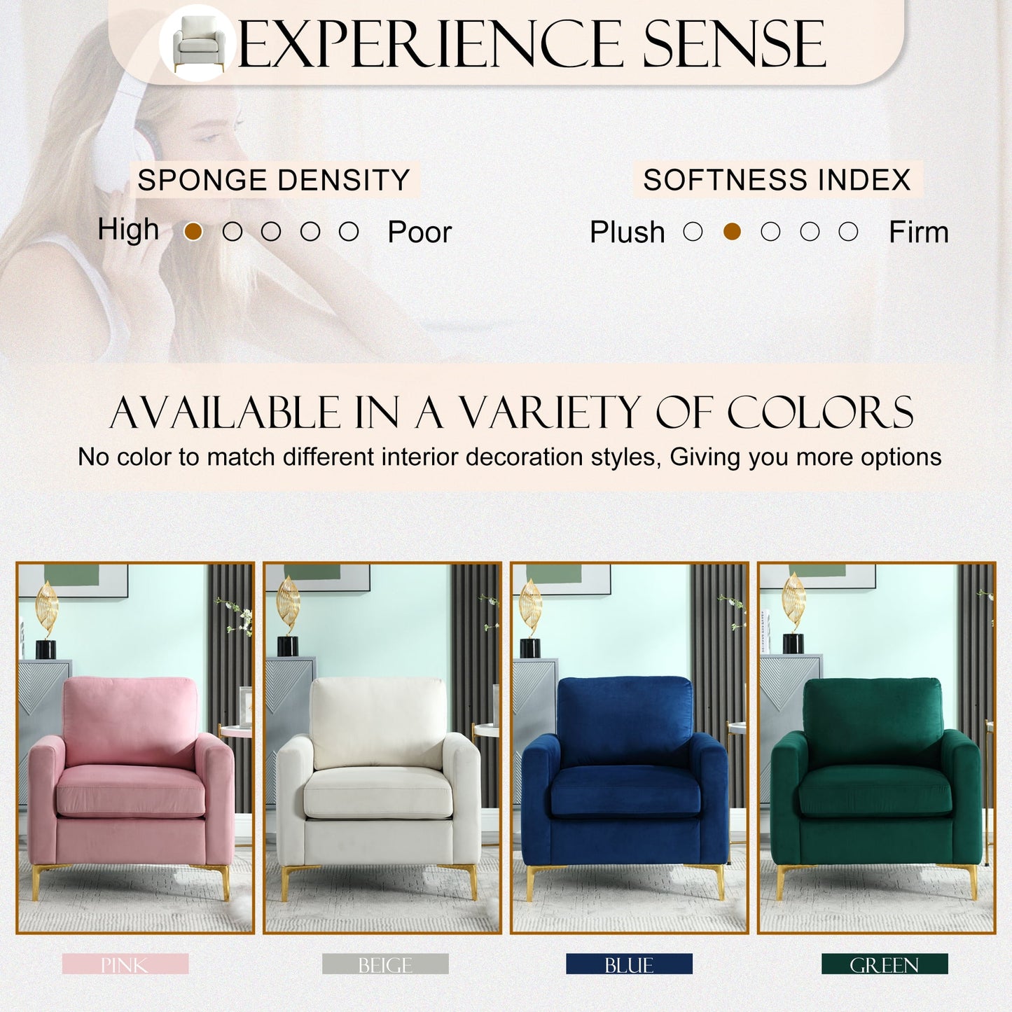 Muumblus Modern Accent Chair, Upholstered Single Sofa Chair Club Arm Chair for Living Room, Comfy Armchair with Metal Legs, Tufted Chair for Reading, Beige Velvet