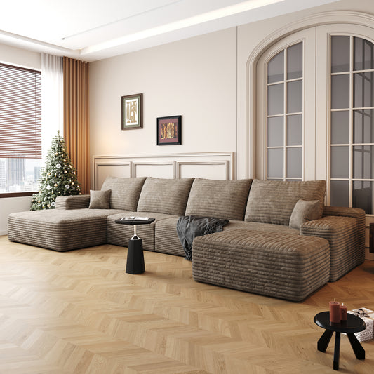 Muumblus 135" Cloud Sectional Sofa with Left Chaise, Cozy U-Shaped Modular Sofa with Ottoman, Plush Corduroy Sleeper Bed Couch, No Assembly Required, Black
