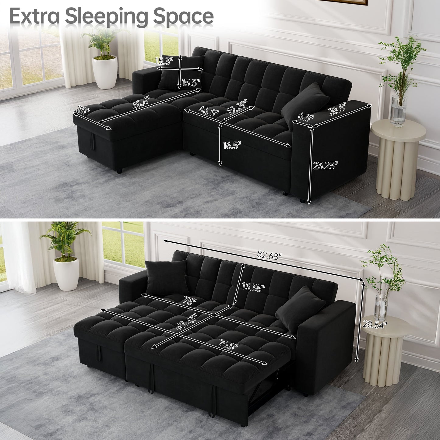 Muumblus 84" Queen Size Convertible Sectional Sleeper Sofa with Storage, Adjustable Backrest, Reversible L-Shaped Pull Out Couch Bed for Living Room, Guest Room