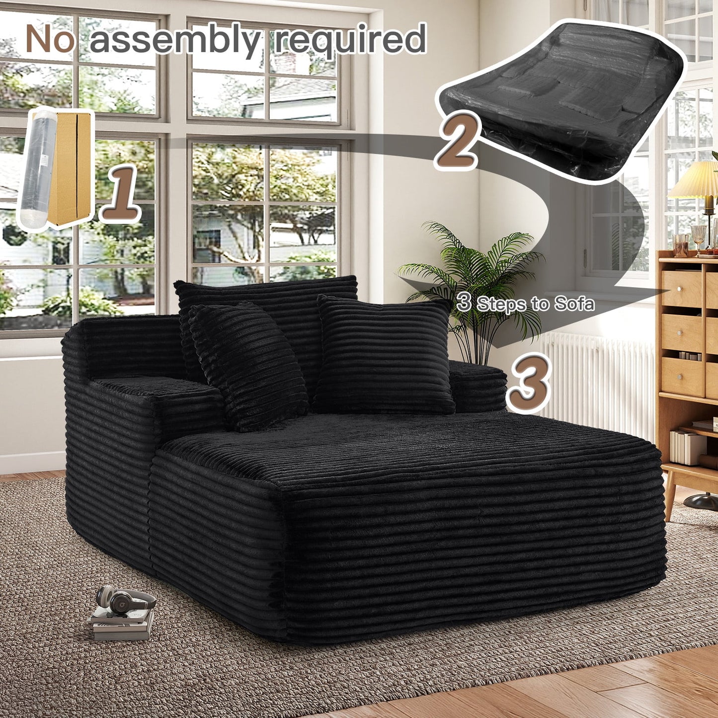 Muumblus Oversized Chaise Lounge Chair Indoor, No Assembly Required, Plush Corduroy Cloud Floor Sofa Bed for Living Room