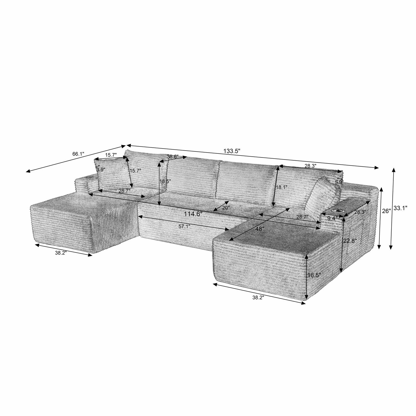 Muumblus 133" Modular Sectional Sofa with 2 Chaise Lounge, U-Shaped Oversized Boneless Cloud Couch, Black Corduroy Sleeper Sofa for Living Room