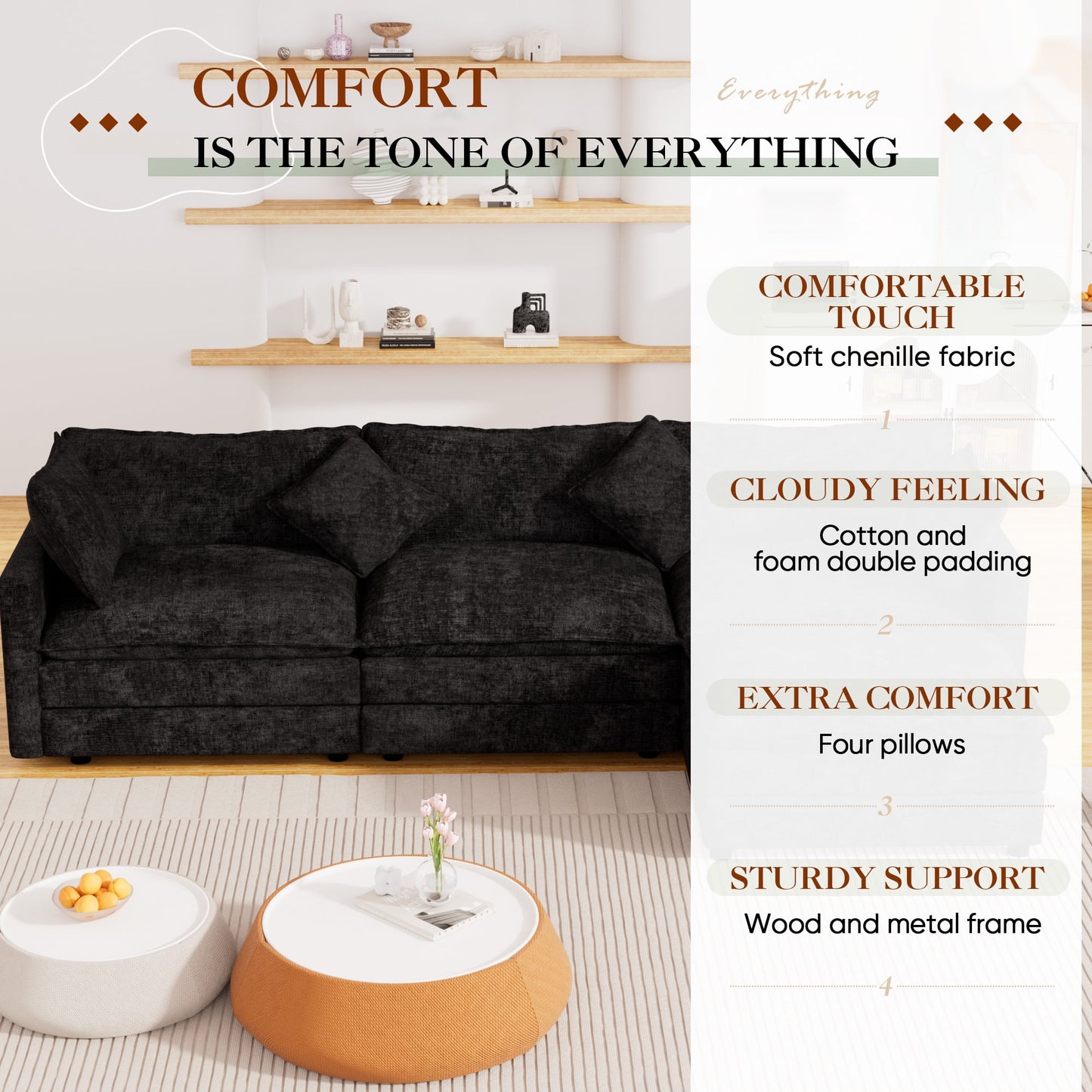 Muumblus Sectional Sofa Cloud Couch with Reversible Ottoman, L-Shaped Chenille Sofa for Living Rooms, Beige