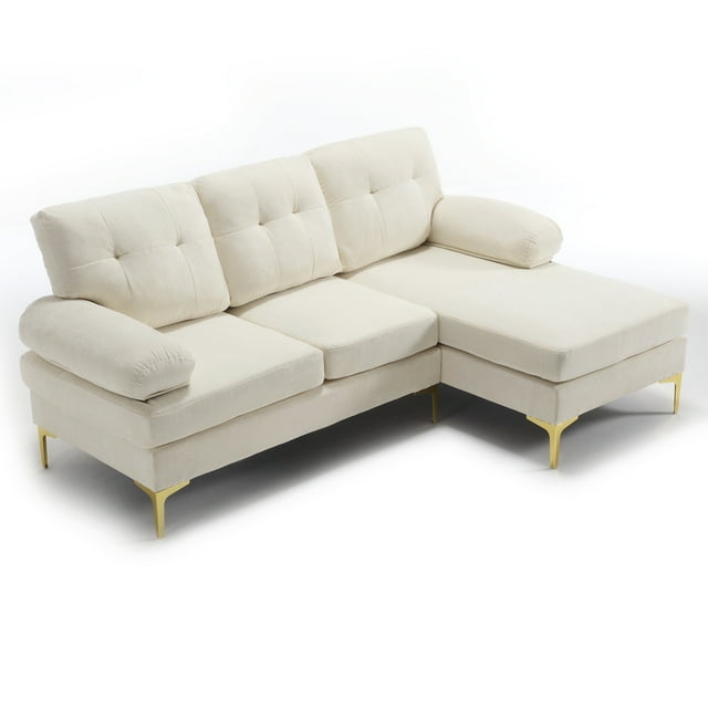 Muumblus L Shaped Sectional Sofa, 83" Chenille Fabric Upholstered Tufted Couch, 3 Seats Wide Chaise Lounge for Living Room, Beige