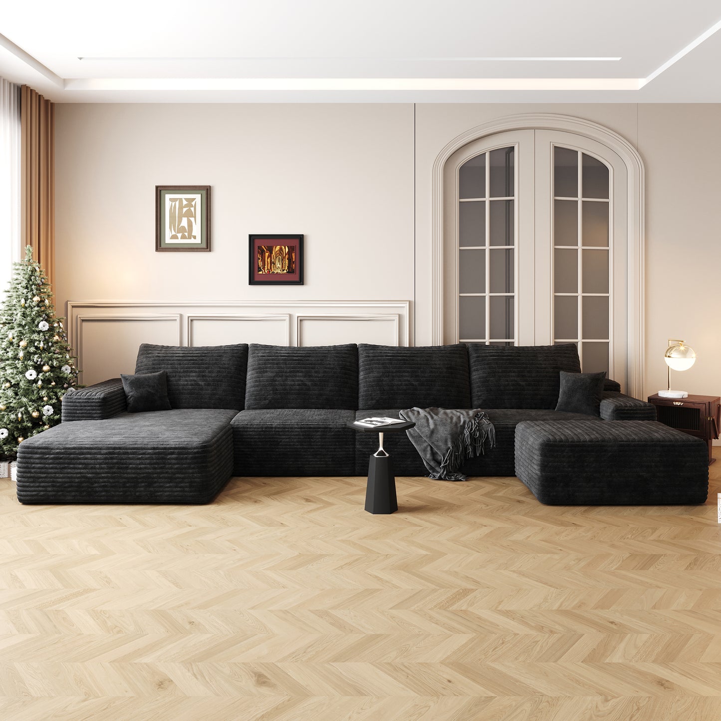 Muumblus 135" Cloud Sectional Sofa with Left Chaise, Cozy U-Shaped Modular Sofa with Ottoman, Plush Corduroy Sleeper Bed Couch, No Assembly Required, Black