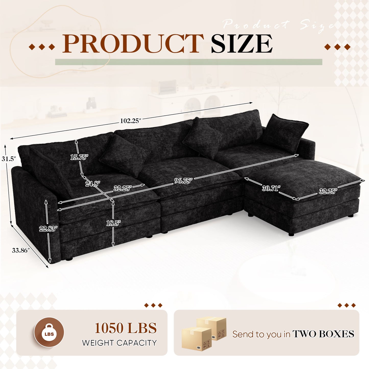 Muumblus Sectional Sofa Cloud Couch with Reversible Ottoman, L-Shaped Chenille Sofa for Living Rooms, Beige