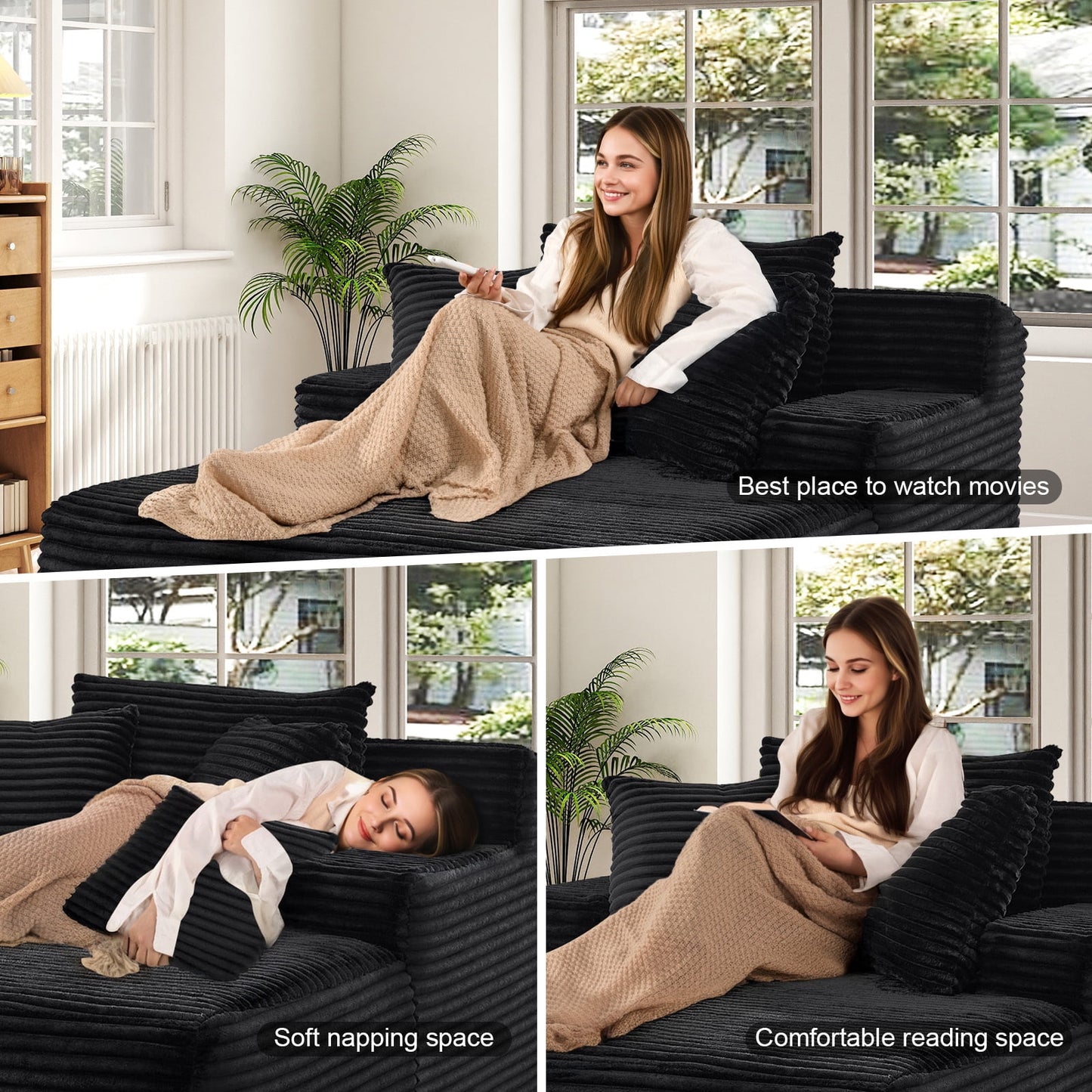 Muumblus Oversized Chaise Lounge Chair Indoor, No Assembly Required, Plush Corduroy Cloud Floor Sofa Bed for Living Room