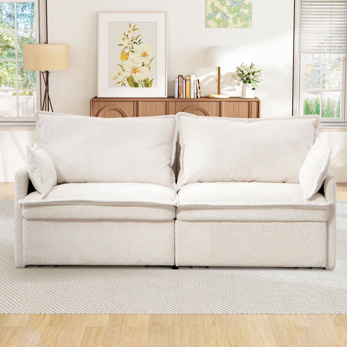 Muumblus  Futon Sofa Bed, Convertible Couch Bed with USB, Corduroy Loveseat Sleeper for Small Spaces, Beige