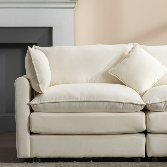 Muumblus L-Shaped Sectional Sofa with Reversible Ottoman, Chenille Modular Cloud Sofa for Living Room, Biege