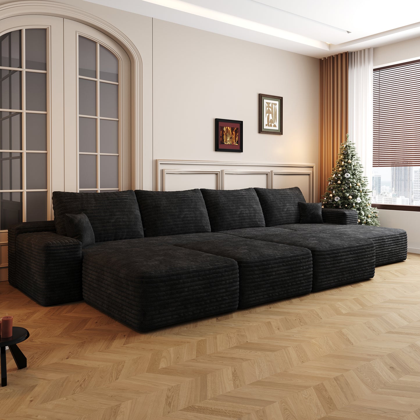 Muumblus 135" Cloud Sectional Sofa with Left Chaise, Oversized Cozy Modular Sofa with 3 Ottomans, Plush Corduroy Sleeper Bed Couch, No Assembly Required, Black
