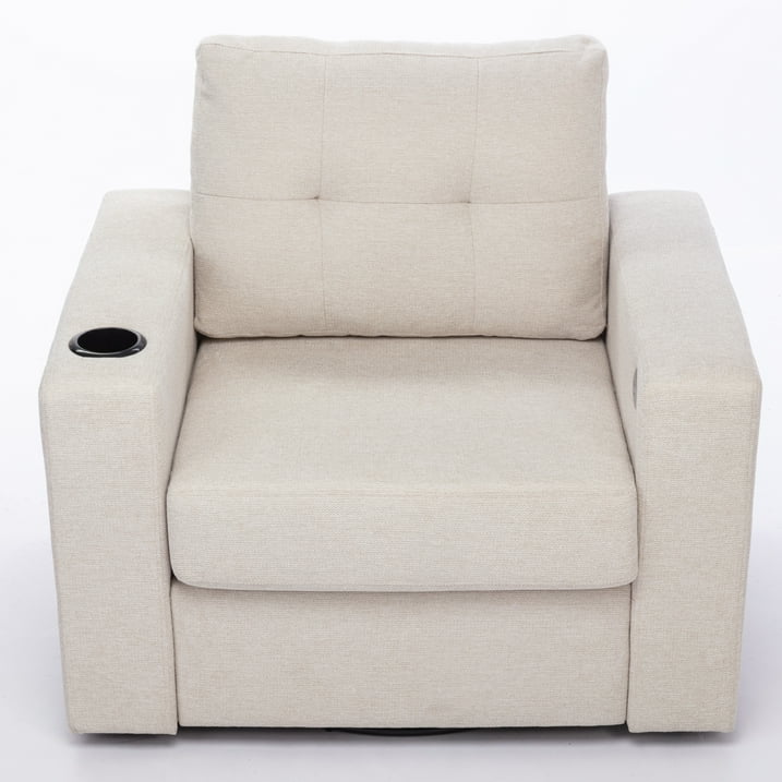 Muumblus Oversized Swivel Accent Chair for Living Room Bedroom, Leisure Single Sofa Armchair with USB Charging Port and Cup Holder, Beige Fabric