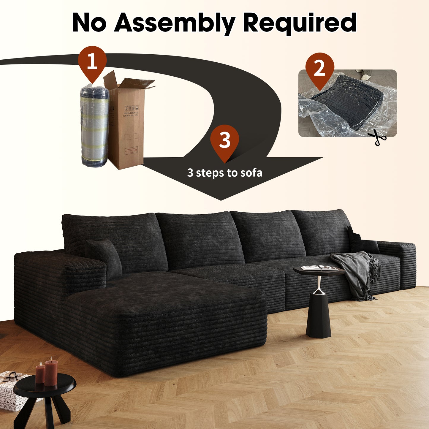 Muumblus 135" Cloud Sectional Sofa with Left Chaise, Cozy L-Shaped Modular Sofa, Plush Corduroy Sleeper Bed Couch, No Assembly Required, Black