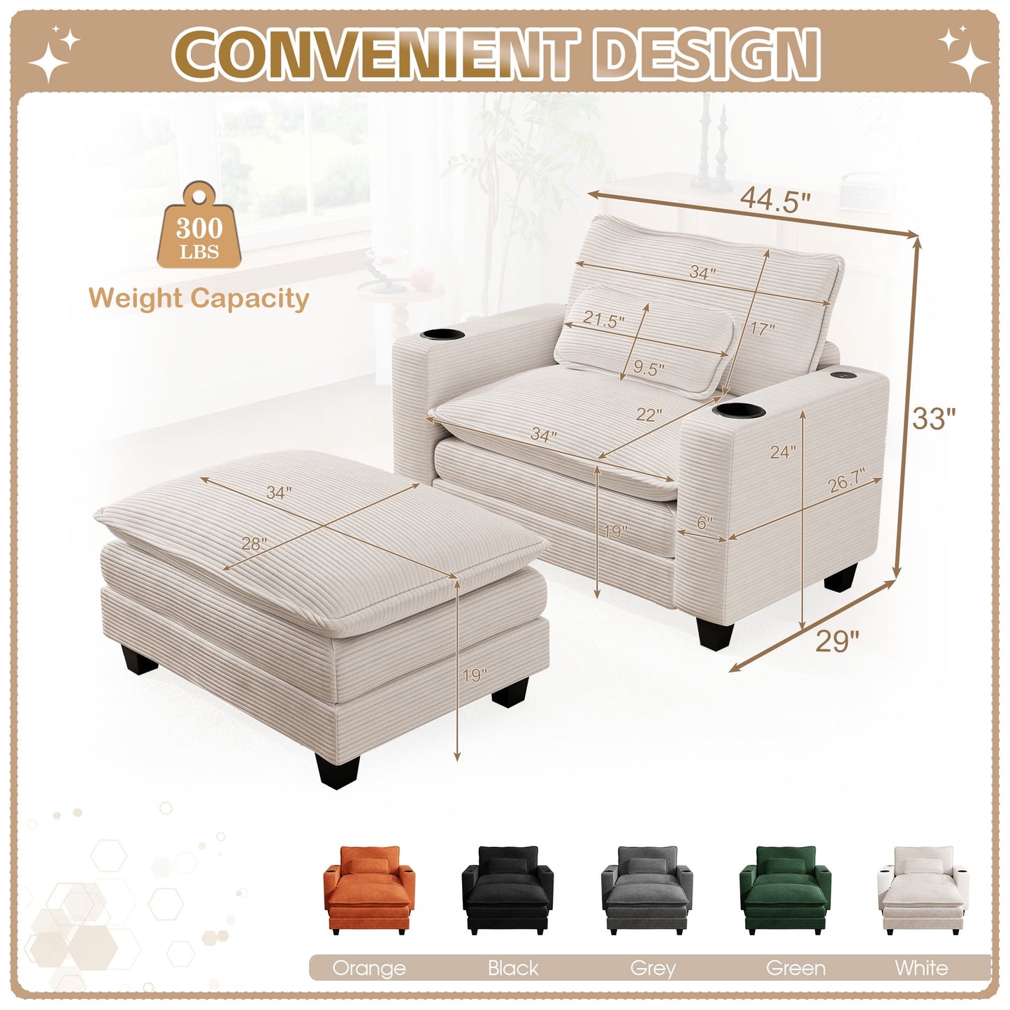 Muumblus 41.7" Oversized Lounge Accent Chair with Ottoman, Indoor Comfy Corduroy Armchair with USB, Beige