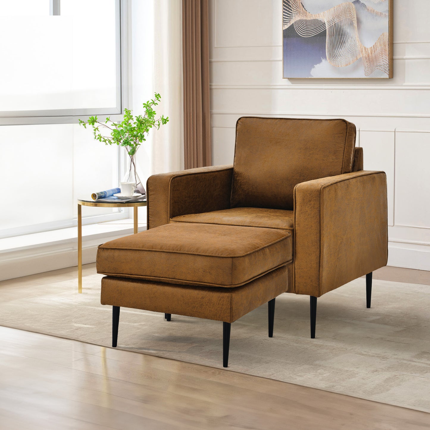 Muumblus Mid-Century Ottoman for Living Room, Foot Stool in Brown Faux Leather