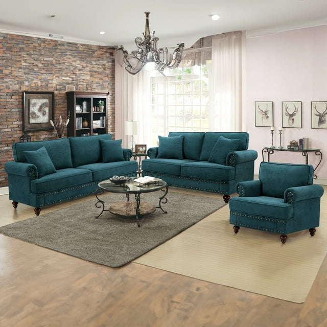Muumblus Mid-Century Upholstered Sofa Couch, 3 Seater Sofa with Nailhead, 82" Chenille Living Room Sofa, Lake Green