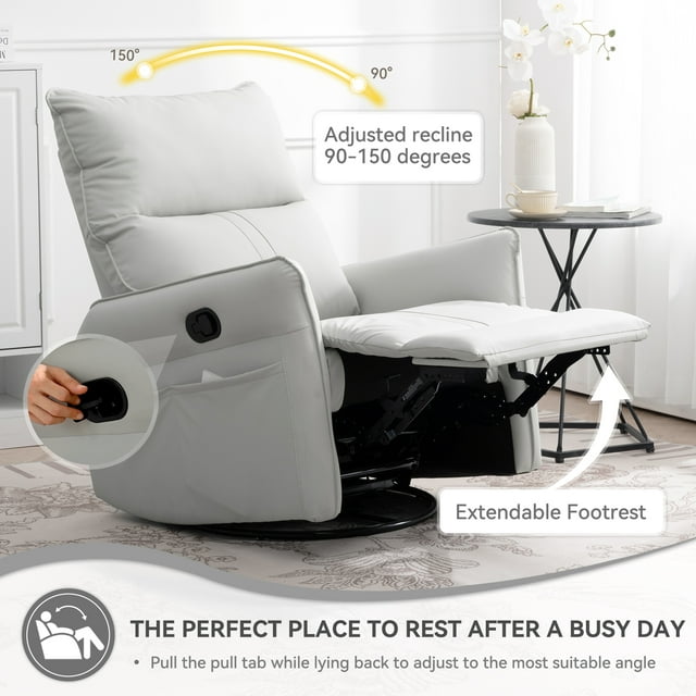 Muumblus Leather Swivel Glider Recliner Chair for Baby Nursery, Modern Upholstered Glider Rocker for Living Room, Bedroom, Light Gray