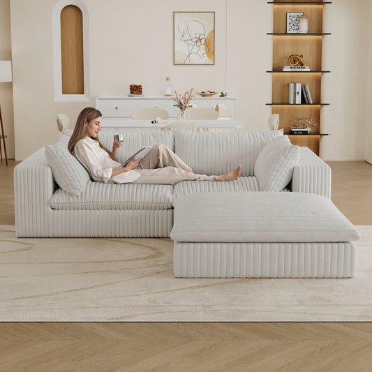 Muumblus Modular Sectional Sofa with Movable Ottoman, L-Shaped Deep Seat Corduroy Cloud Couch, No Assembly Boneless Couches for Living Room, White