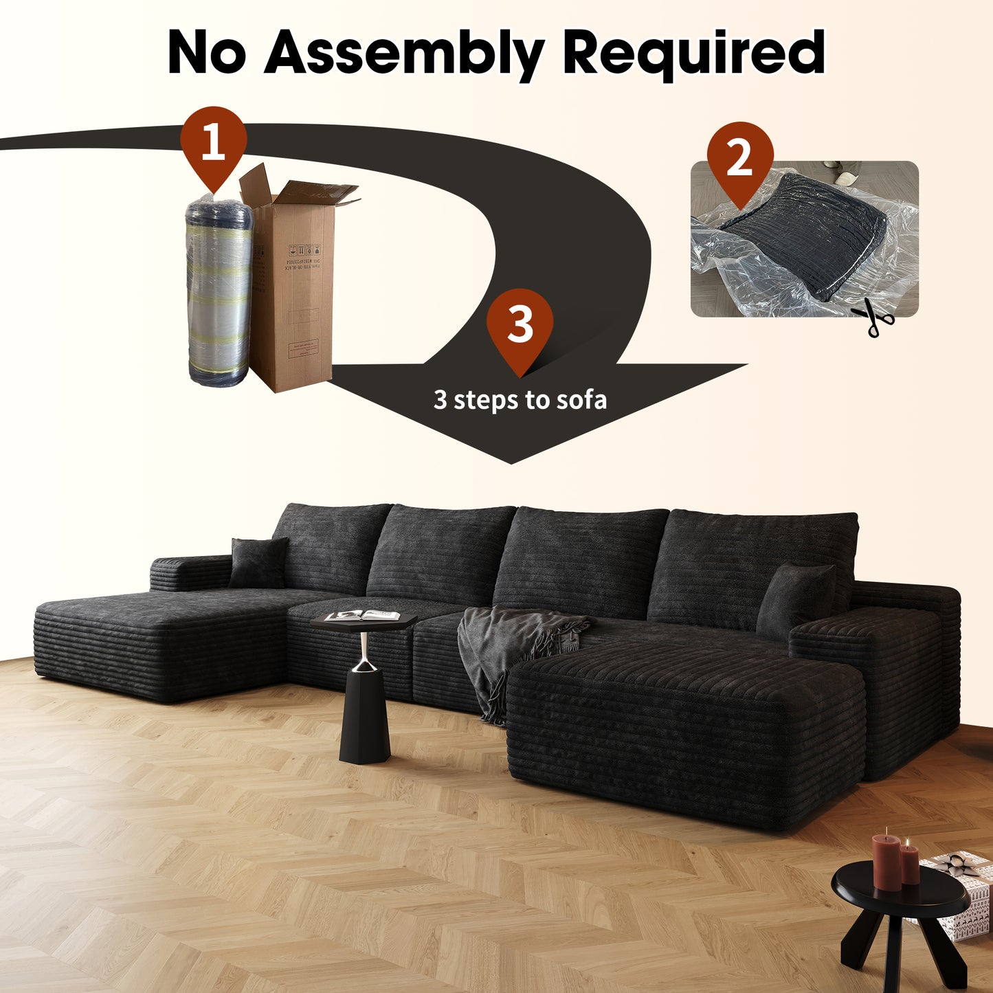 Muumblus 135" Cloud Sectional Sofa with Left Chaise, Cozy U-Shaped Modular Sofa with Ottoman, Plush Corduroy Sleeper Bed Couch, No Assembly Required, Black