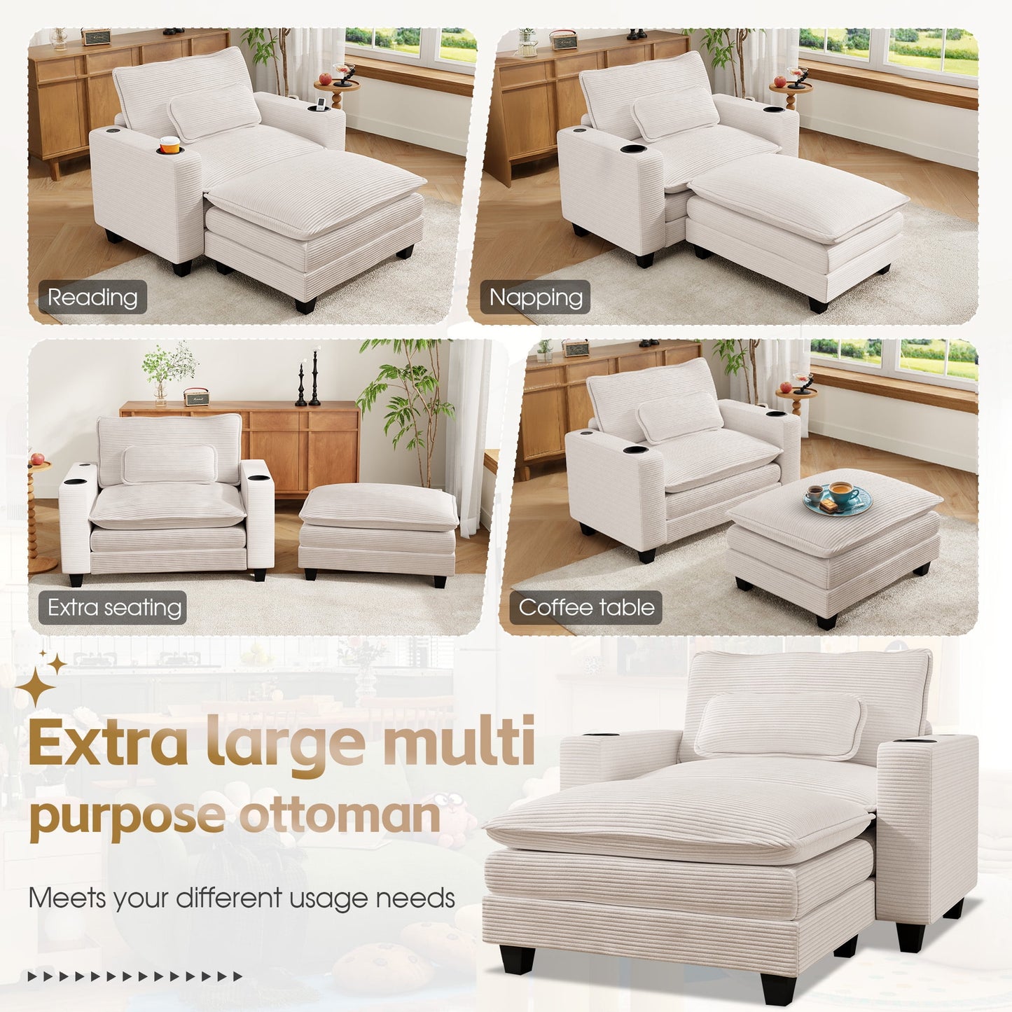 Muumblus 41.7" Oversized Lounge Accent Chair with Ottoman, Indoor Comfy Corduroy Armchair with USB, Beige