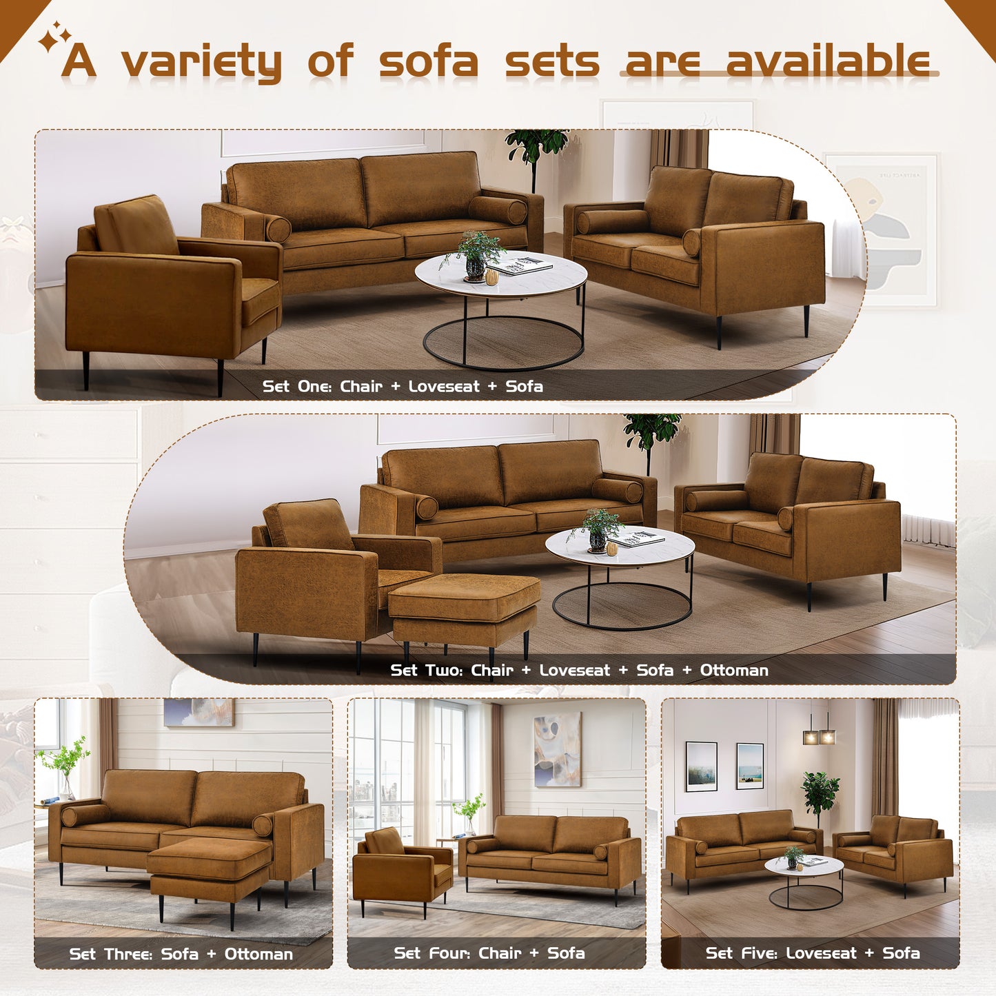 Muumblus Living Room Sectional Sofa with Chaise,3-Seater L Shaped Couch with Ottoman, Brown Faux Leather
