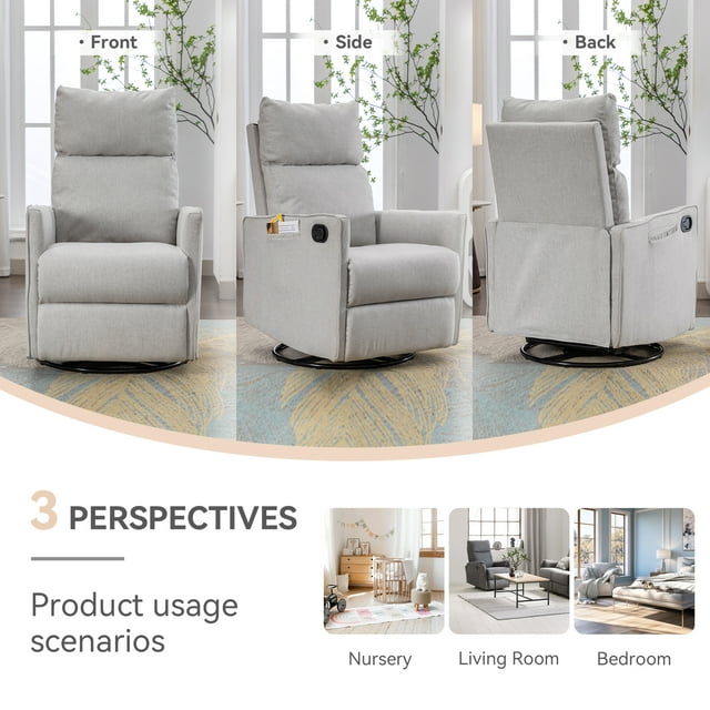 Muumblus Swivel Glider Rocker Recliner Chair for Nuresery, Tall Back Upholstered Home Theater for Living Room, Gray Linen