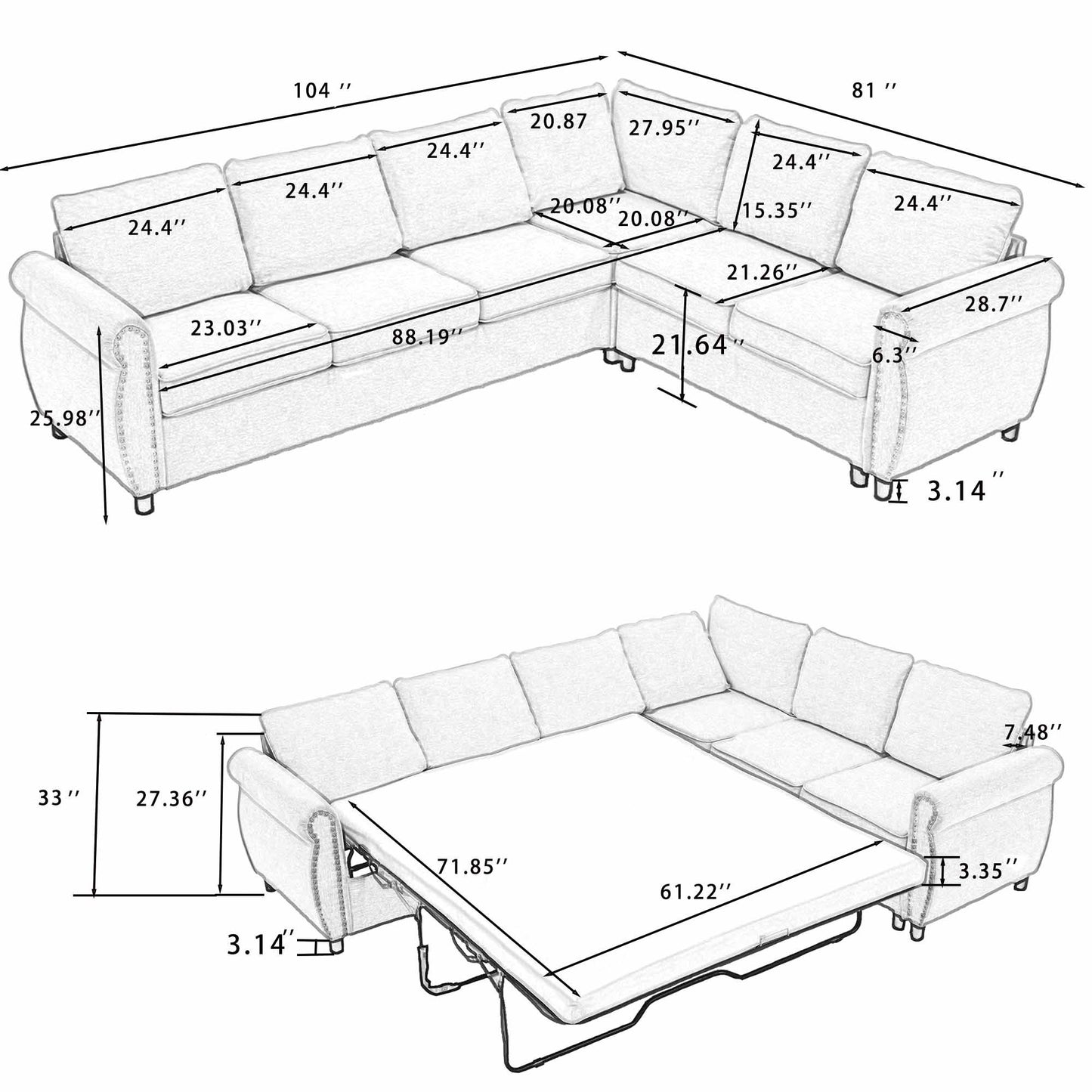 Muumblus Convertible Sectional Sleeper Sofa with Pull Out bed & Mattress, Futon Corner Couch for Living Room, Beige