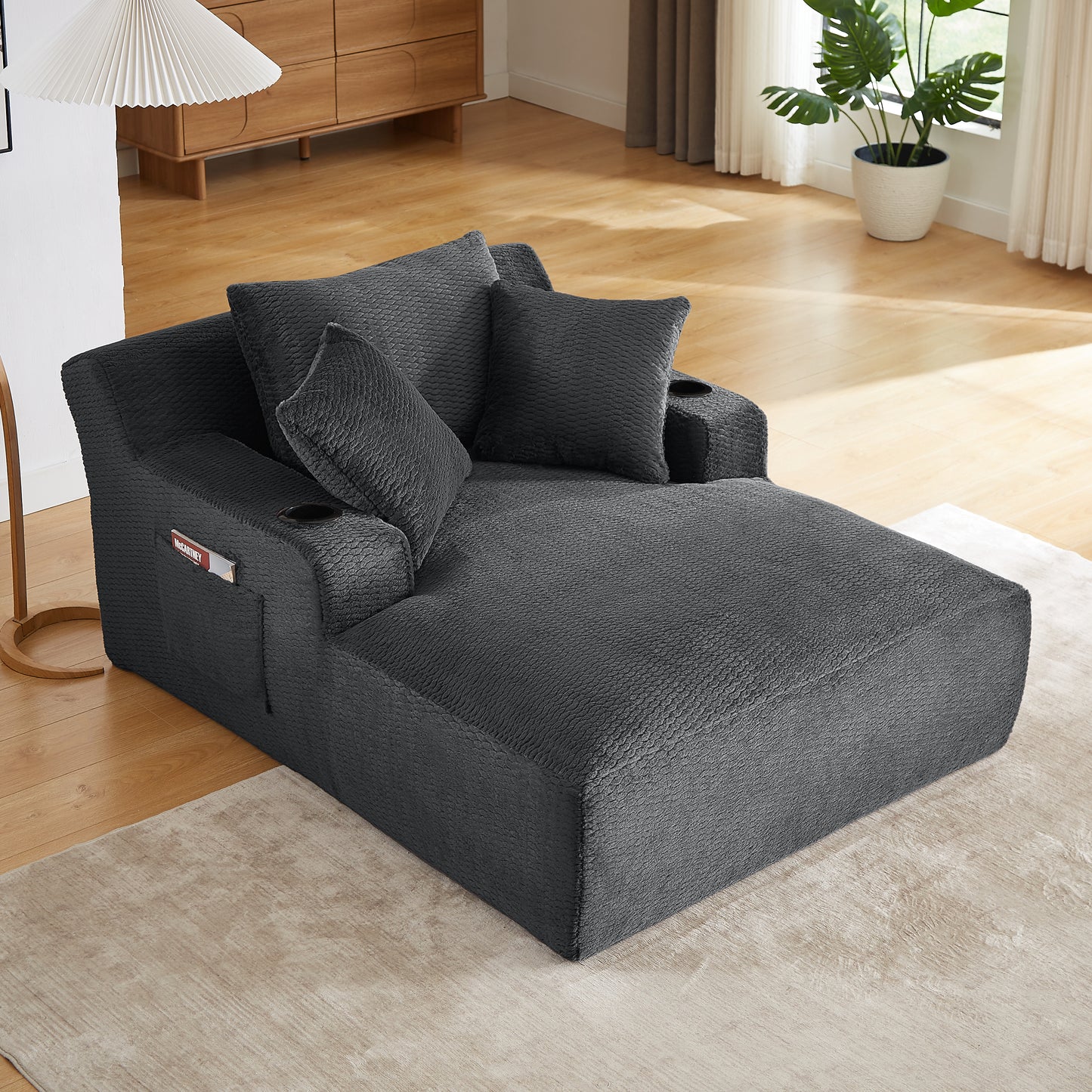 Muumblus Chaise Lounge Chair Indoor, Faux Fur Lounge Chair with Cup Holders, No Assembly Boneless Sleeper Sofa Bed for Living Room, Gray