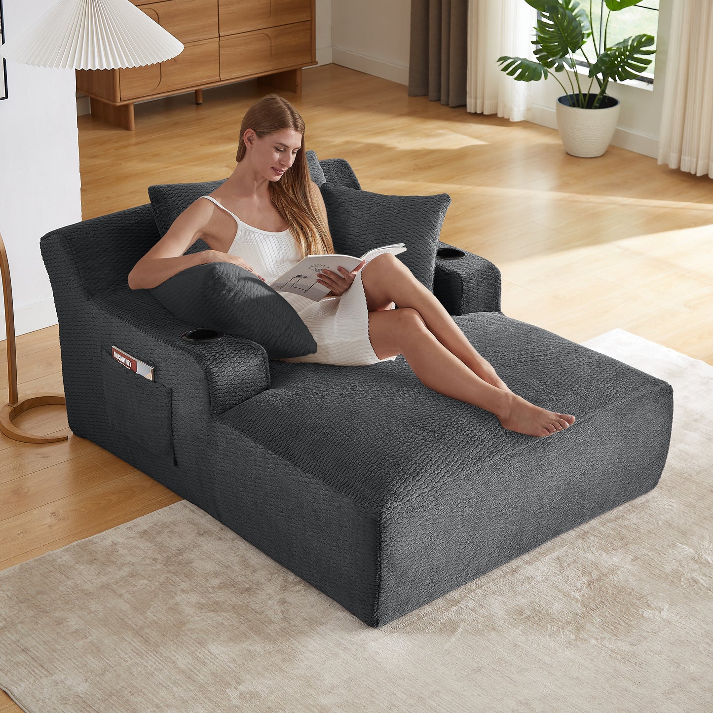 Muumblus Chaise Lounge Chair Indoor, Faux Fur Lounge Chair with Cup Holders, No Assembly Boneless Sleeper Sofa Bed for Living Room, Gray