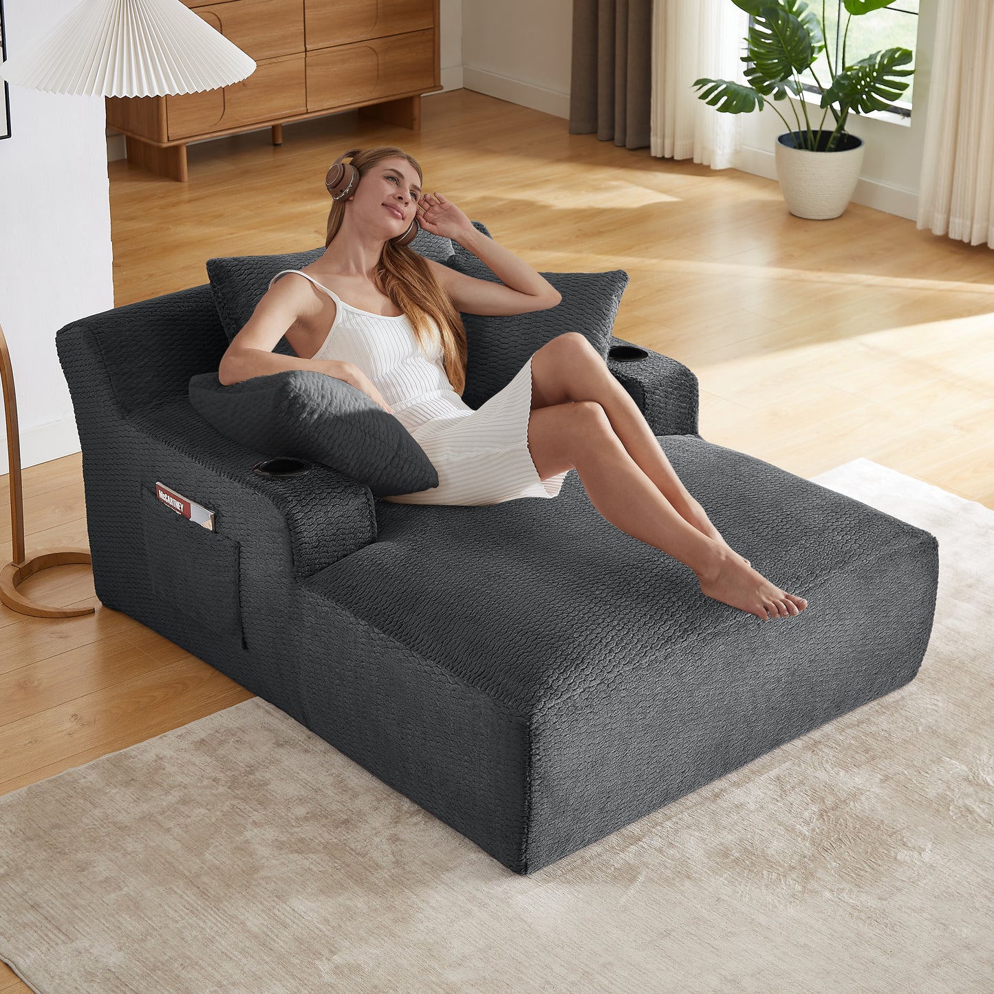 Muumblus Chaise Lounge Chair Indoor, Faux Fur Lounge Chair with Cup Holders, No Assembly Boneless Sleeper Sofa Bed for Living Room, Gray