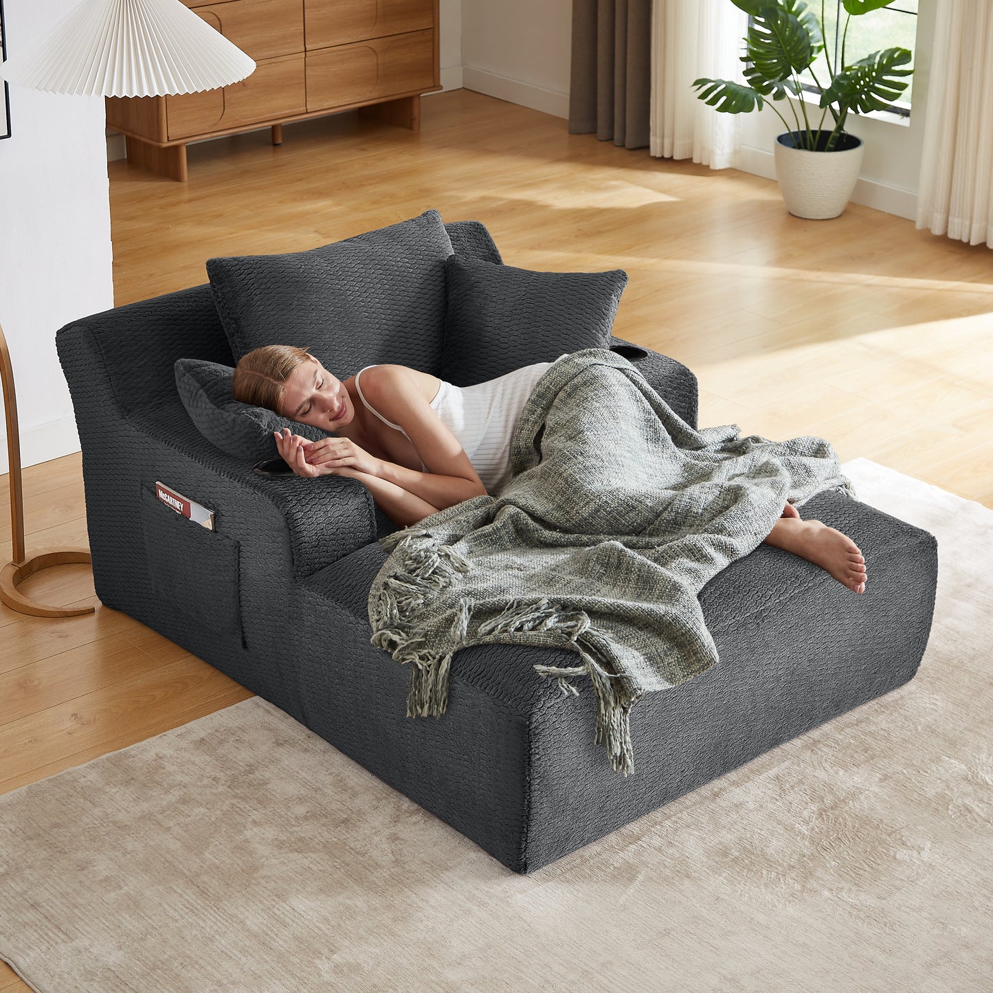 Muumblus Chaise Lounge Chair Indoor, Faux Fur Lounge Chair with Cup Holders, No Assembly Boneless Sleeper Sofa Bed for Living Room, Gray
