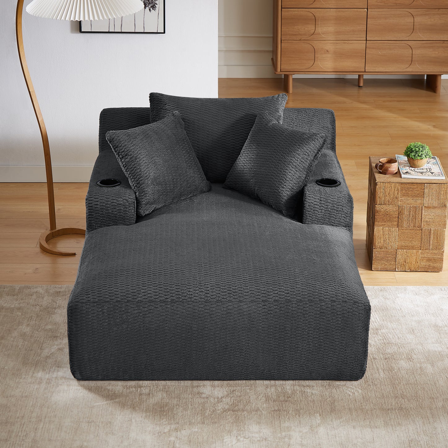 Muumblus Chaise Lounge Chair Indoor, Faux Fur Lounge Chair with Cup Holders, No Assembly Boneless Sleeper Sofa Bed for Living Room, Gray
