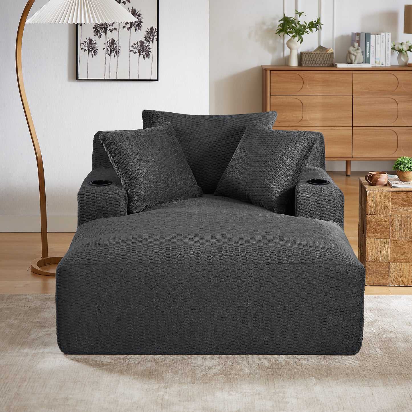 Muumblus Chaise Lounge Chair Indoor, Faux Fur Lounge Chair with Cup Holders, No Assembly Boneless Sleeper Sofa Bed for Living Room, Gray