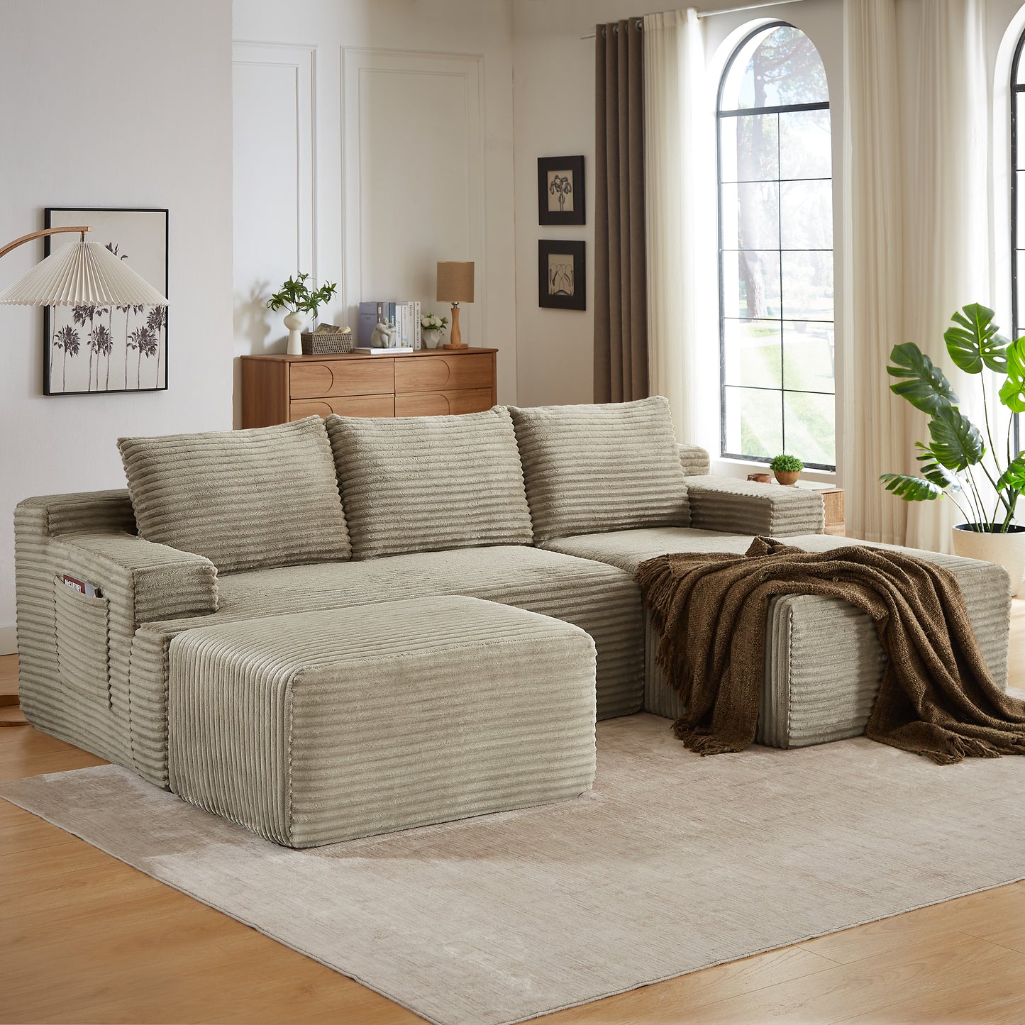 Muumblus L-Shaped Modular Sectional Sofa with Chaise, Boneless Deep Seat Cloud Couch, No Assembly Corduroy Sleeper Sofa for Living Room, Black（Right Facing Chaise）