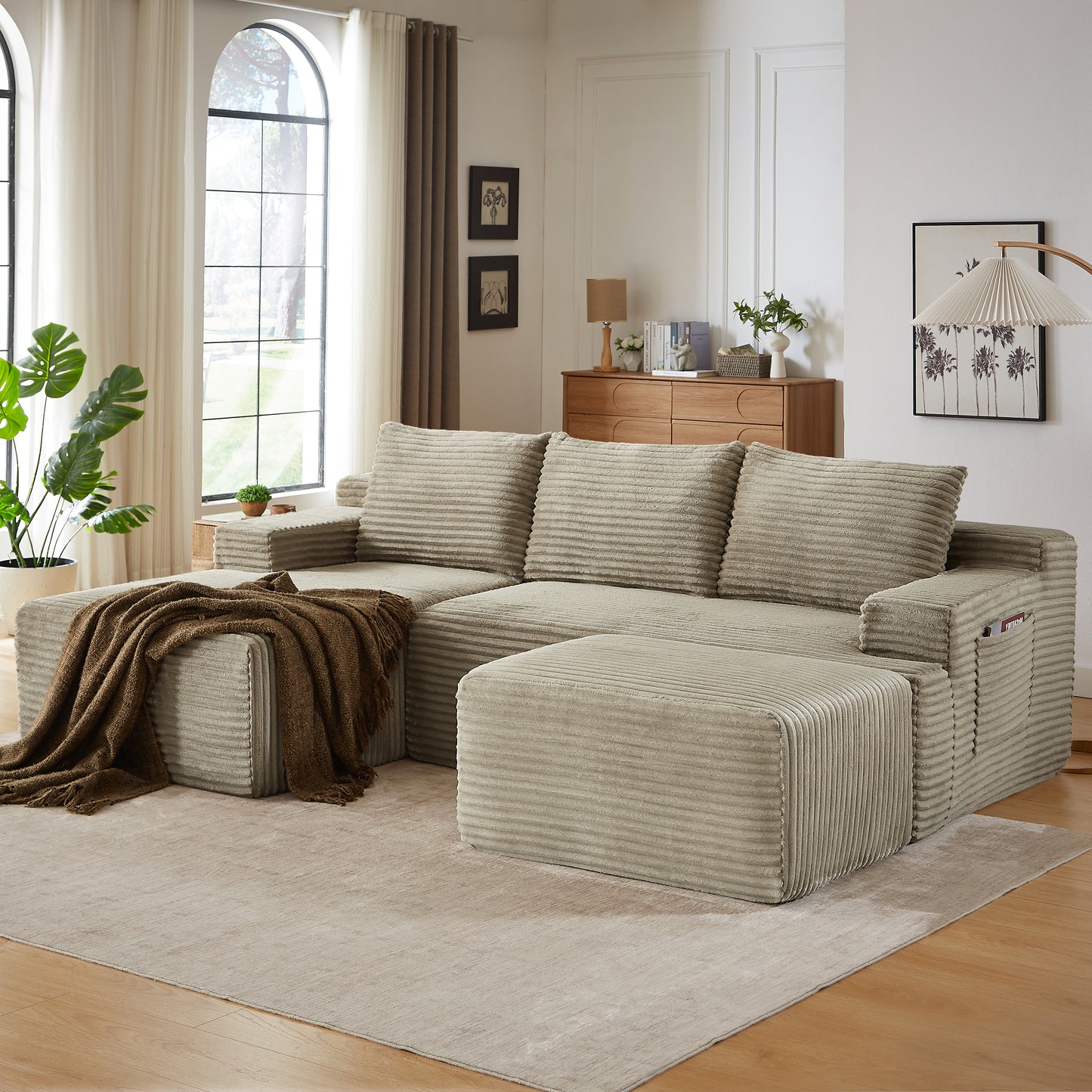 Muumblus L-Shaped Modular Sectional Sofa with Chaise, Boneless Deep Seat Cloud Couch, No Assembly Corduroy Sleeper Sofa for Living Room, Black（Right Facing Chaise）
