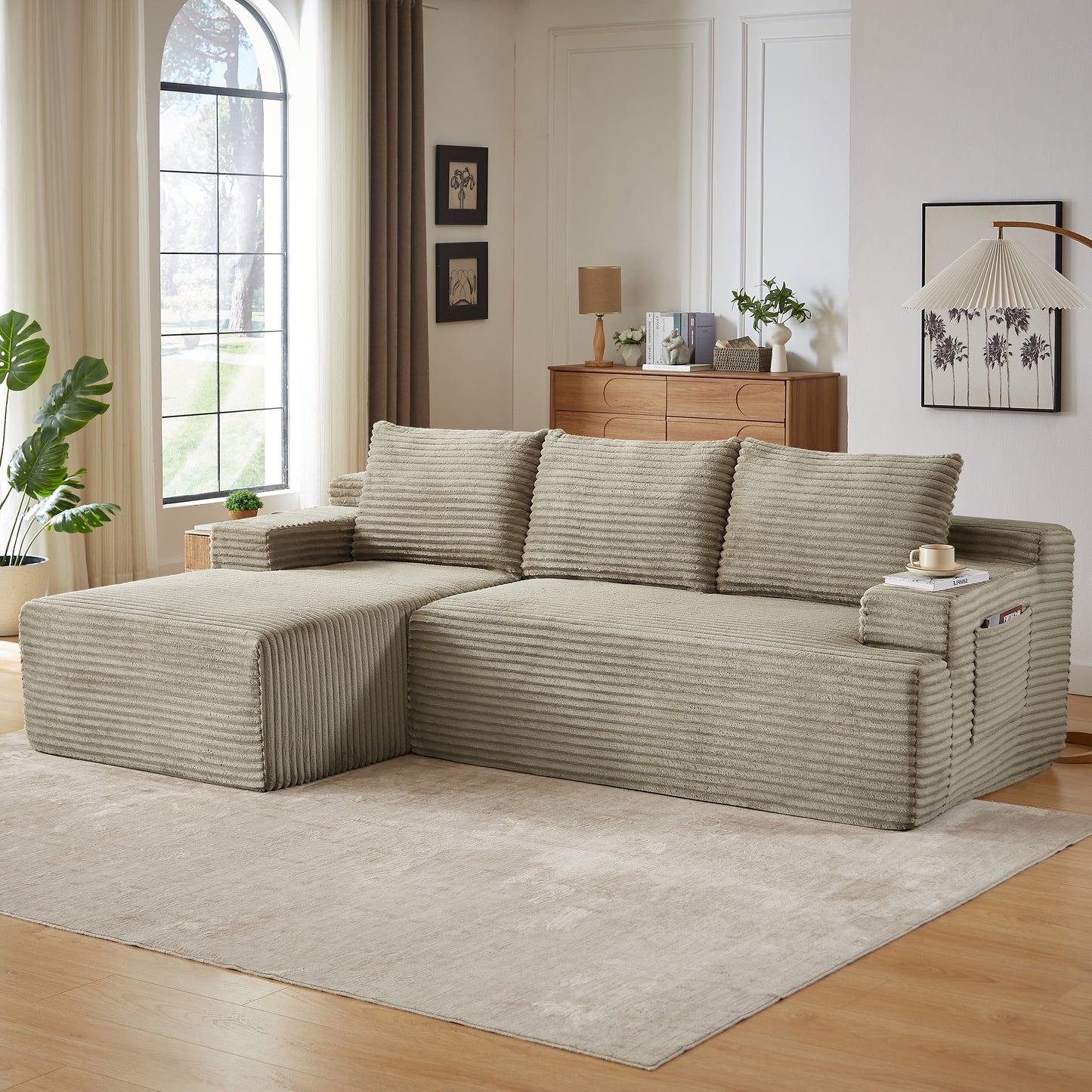 Muumblus L-Shaped Modular Sectional Sofa with Chaise, Boneless Deep Seat Cloud Couch, No Assembly Corduroy Sleeper Sofa for Living Room, Black（Right Facing Chaise）
