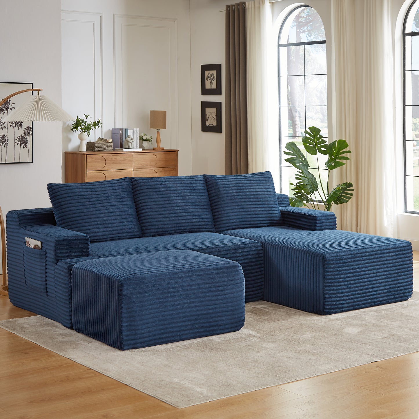 Muumblus L-Shaped Modular Sectional Sofa with Chaise, Boneless Deep Seat Cloud Couch, No Assembly Corduroy Sleeper Sofa for Living Room, Black（Right Facing Chaise）