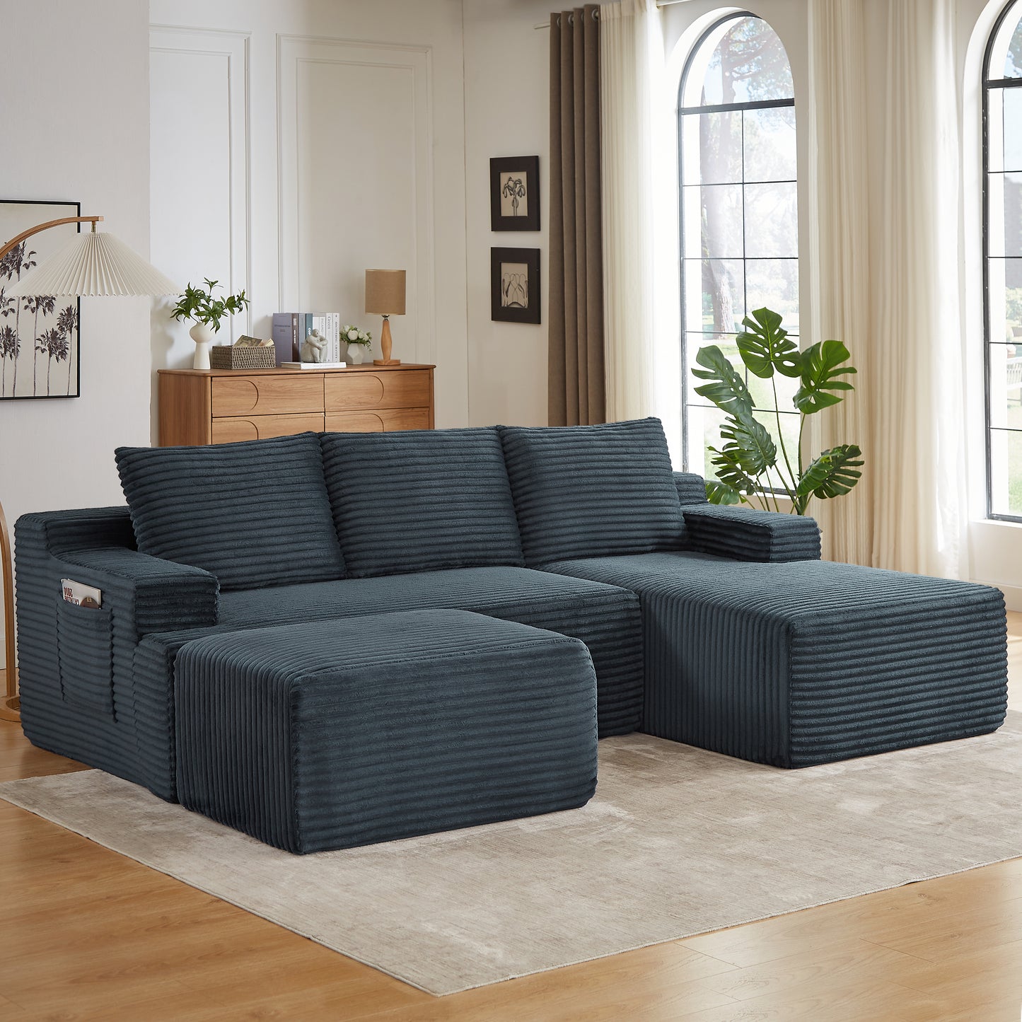 Muumblus L-Shaped Modular Sectional Sofa with Chaise, Boneless Deep Seat Cloud Couch, No Assembly Corduroy Sleeper Sofa for Living Room, Black（Right Facing Chaise）