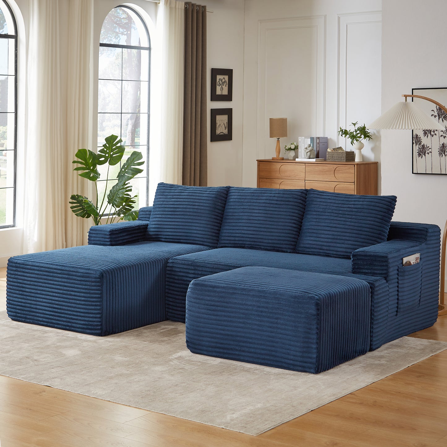 Muumblus L-Shaped Modular Sectional Sofa with Chaise, Boneless Deep Seat Cloud Couch, No Assembly Corduroy Sleeper Sofa for Living Room, Black（Right Facing Chaise）