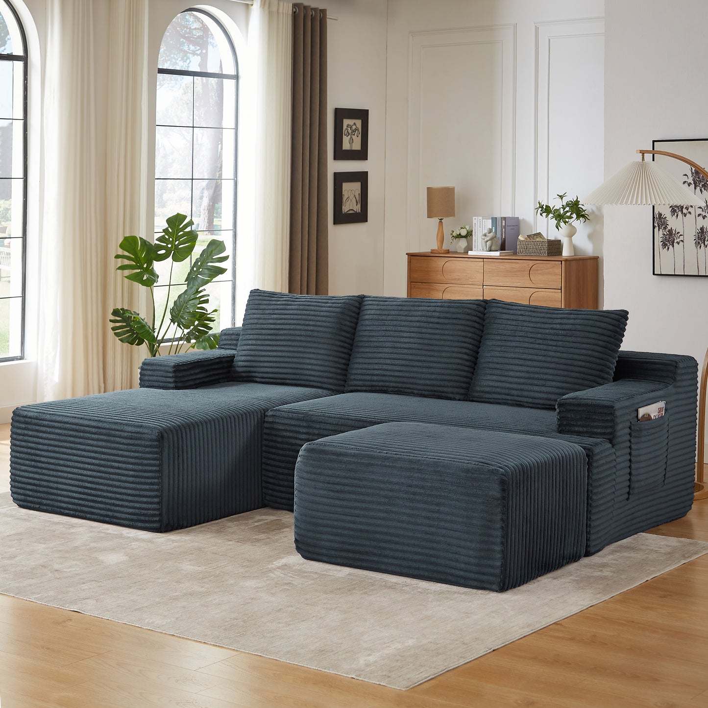 Muumblus L-Shaped Modular Sectional Sofa with Chaise, Boneless Deep Seat Cloud Couch, No Assembly Corduroy Sleeper Sofa for Living Room, Black（Right Facing Chaise）