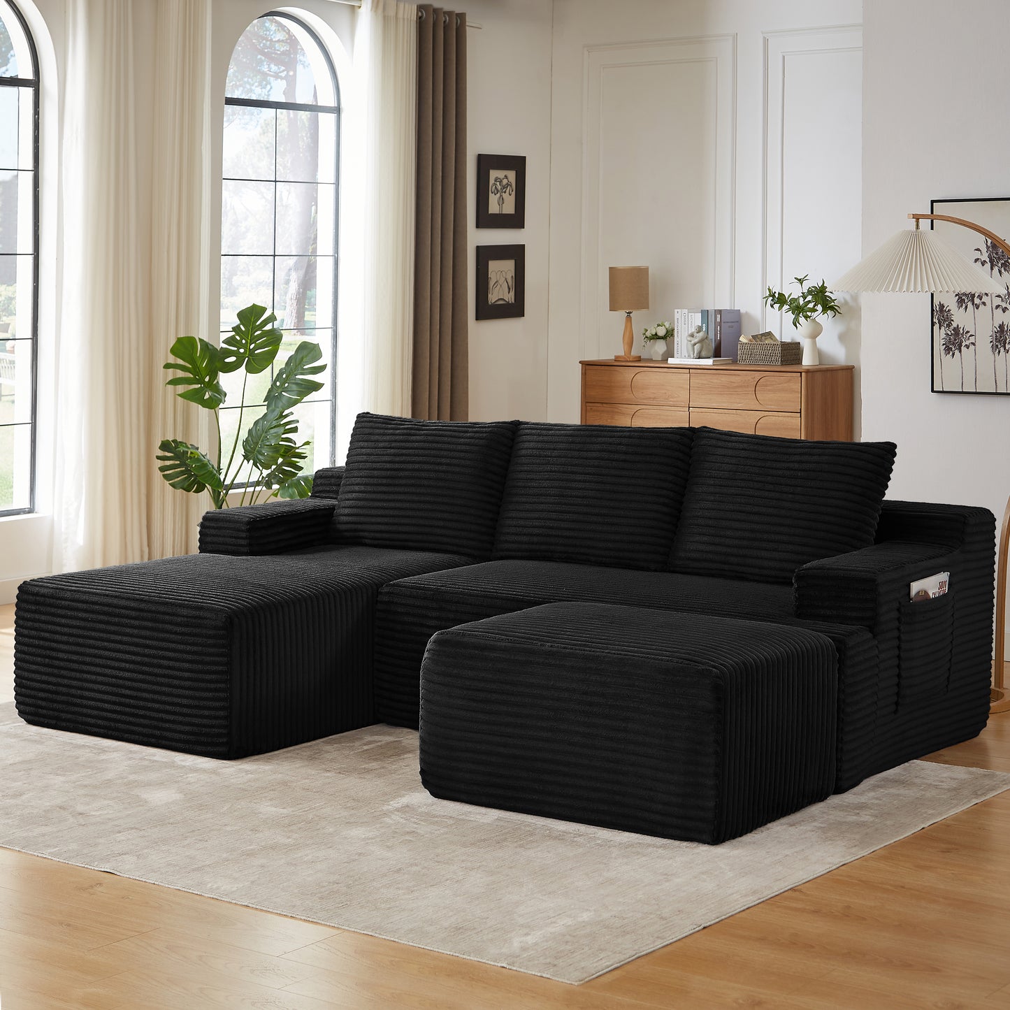 Muumblus L-Shaped Modular Sectional Sofa with Chaise, Boneless Deep Seat Cloud Couch, No Assembly Corduroy Sleeper Sofa for Living Room, Black（Right Facing Chaise）