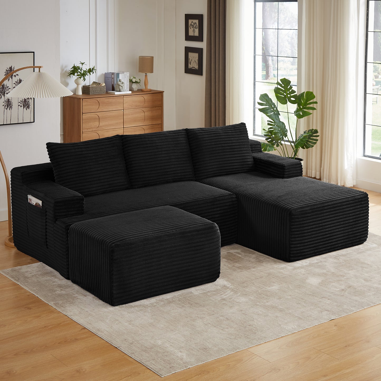 Muumblus L-Shaped Modular Sectional Sofa with Chaise, Boneless Deep Seat Cloud Couch, No Assembly Corduroy Sleeper Sofa for Living Room, Black（Right Facing Chaise）